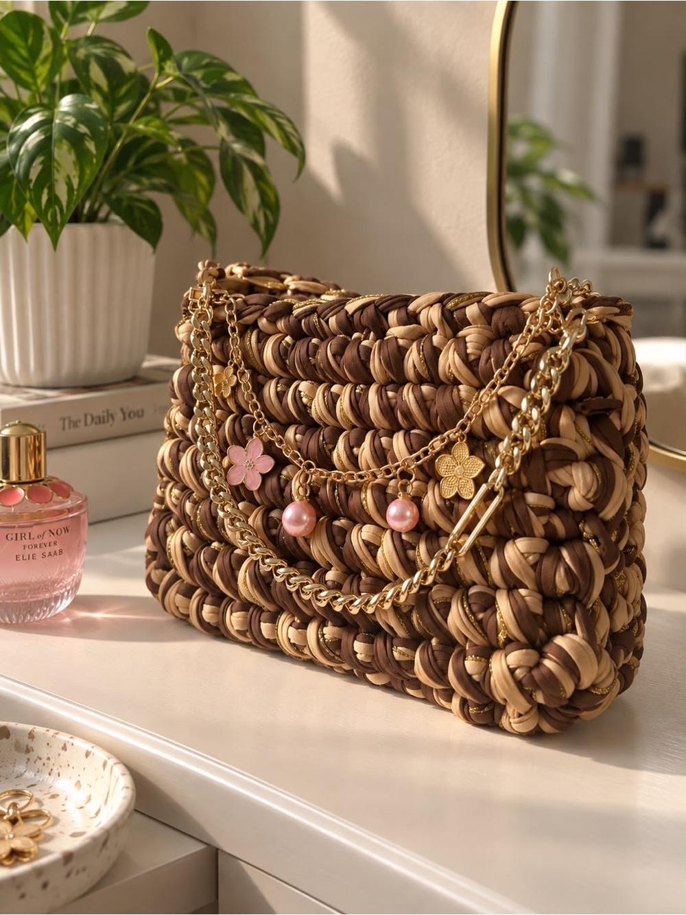Woven Floral Charm Shoulder Bag - Brown